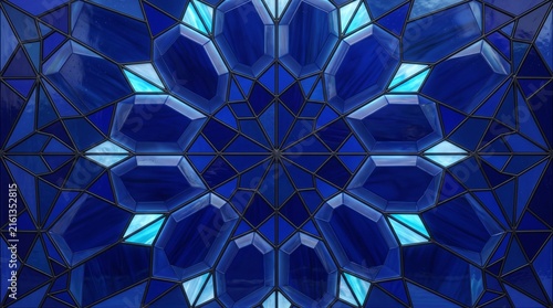 Obraz na plátně Symmetrical blue stained glass rosette mandala pattern with gemstone facet style