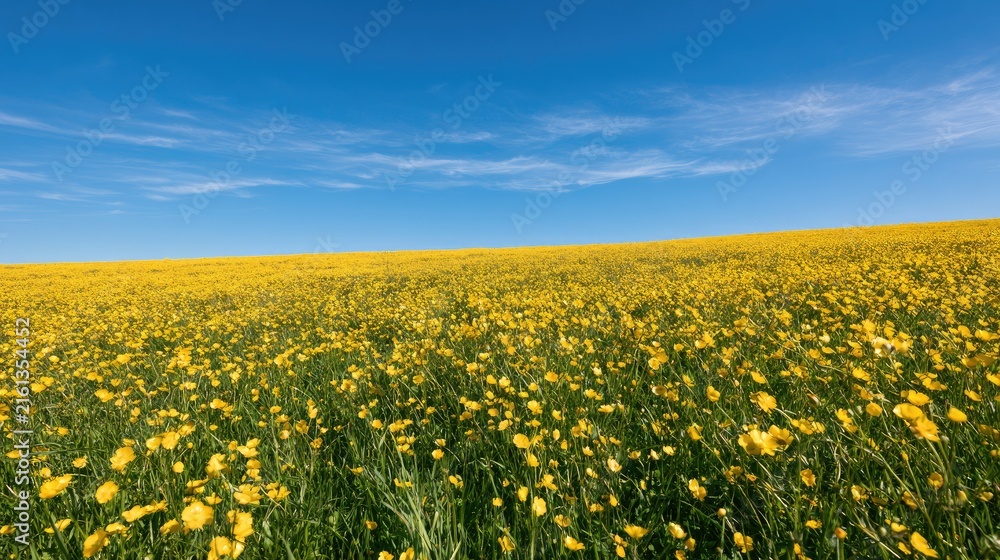 Fototapeta premium Endless yellow flowers sway under a bright blue sky with wispy clouds