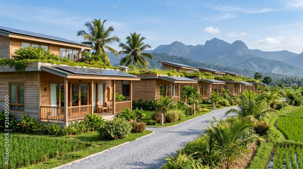 Fototapeta premium Wide-angle view of contemporary eco-villas made of timber and bamboo surrounded by vibrant green rice terraces and a dramatic mountain range during golden hour
