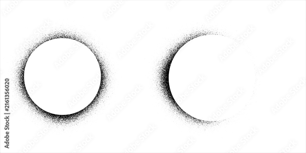 Naklejka premium PrintGrainy noise circles vector set. Dot grain texture circles. Spray texture sand and dissolving circles. Abstract black spheres with gradient stipple pattern. Vector illustration