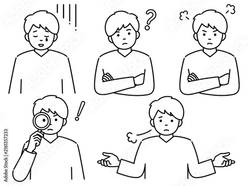Foto Young man character expressions set thinking searching angry sad outline