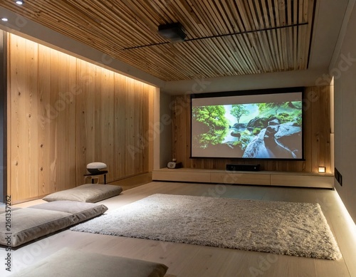 Modern Minimalist Home Theater with Natural Wood Accents and Floor Seating