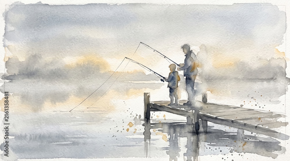 Fototapeta premium Watercolor painting of a father and son fishing from a pier. Peaceful bonding moment illustrating mindfulness and men's mental health support. Suitable for wellness and family therapy concepts.