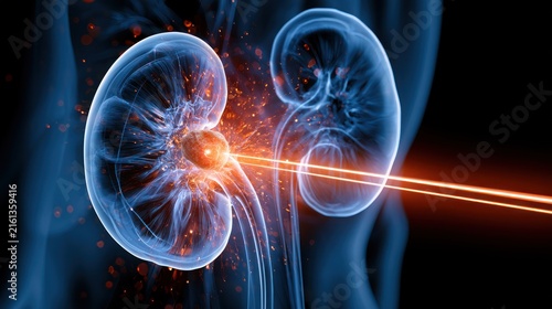 3 d rendering of kidney stone being treated with laser lithotripsy and shockwaves