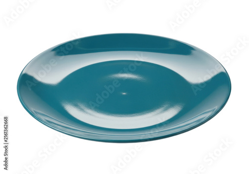 A single empty teal ceramic dinner plate viewed from a high angle, isolated on transparent background