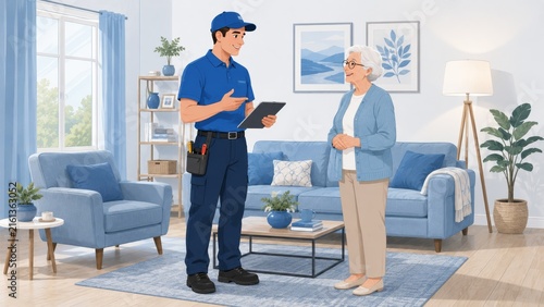 Home Maintenance Technician Consulting Senior Homeowner in Modern Living Room, Elderly Home Repair Service Illustration