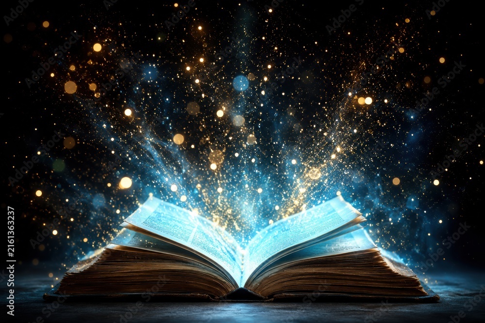 Fototapeta premium Open magic book with sparkling light radiating from pages on mystical dark background.