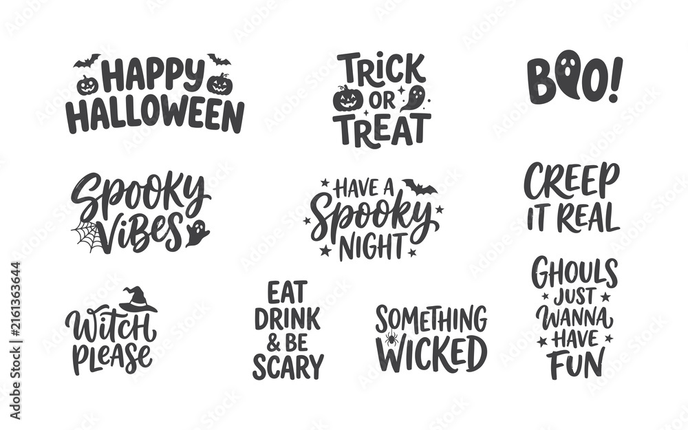 Obraz premium Happy Halloween lettering collection with spooky phrases and playful illustrations on a white background