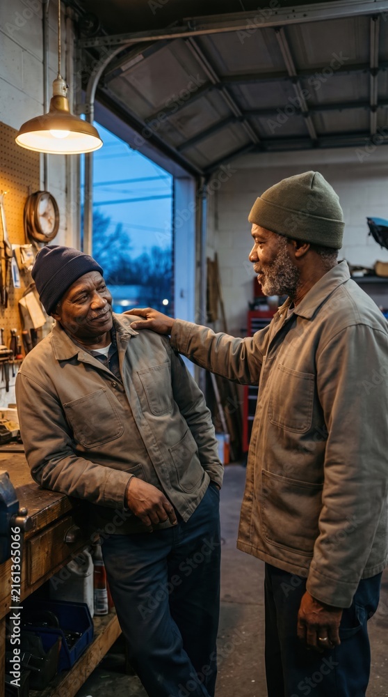 Fototapeta premium Two older African American men talk in a workshop. This scene represents emotional support and men's mental health awareness. Ideal for mental health campaigns and wellness content.