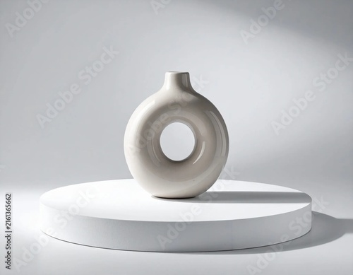Modern Beige Donut Shaped Ceramic Vase on White Podium
