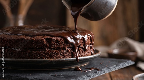 Rich chocolate ganache being poured over a decadent chocolate cake