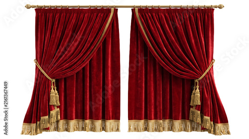 Red velvet curtains with gold tassels isolated on white background