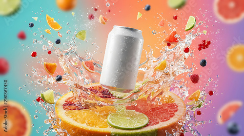 Blank metal soda can with splashing water and fresh citrus fruit slices on a colorful background for a refreshing summer fruit drink beverage advertisement concept