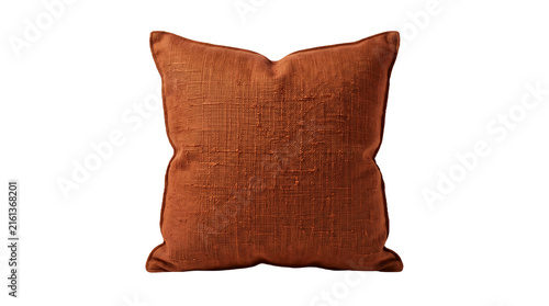 Square rust colored decorative throw pillow with textured fabric isolated on white