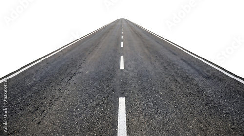 Straight asphalt road stretching into the distance with white lane markings on white background