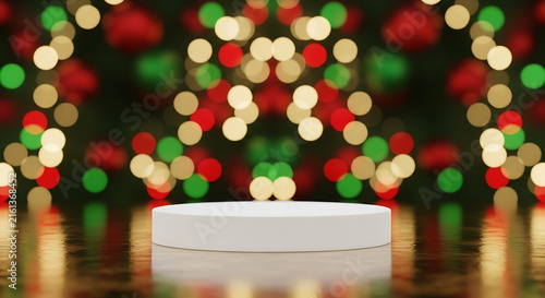 White product display podium on festive Christmas bokeh background for holiday marketing