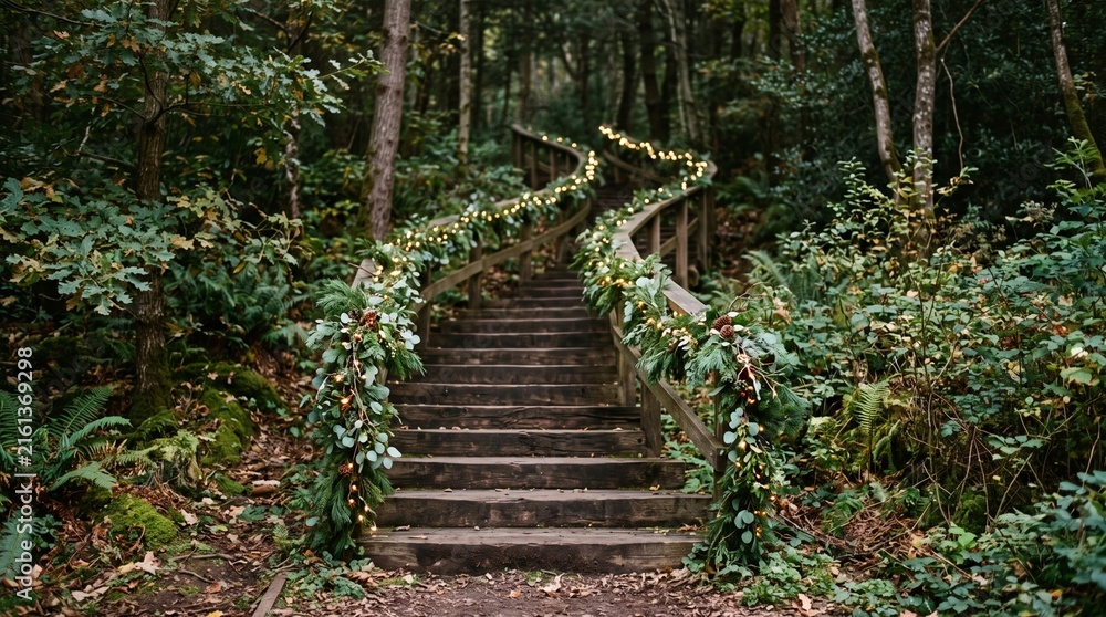 Obraz premium Wooden forest staircase adorned with festive garland and fairy lights