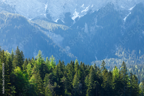 Travel landscape of Zugspitze Alps in Bavaria, Germany, scenic summer nature panorama with forest, snow mountains peak. Alpine landscape