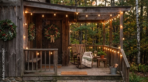 Cozy wooden porch decorated with festive wreaths and string lights