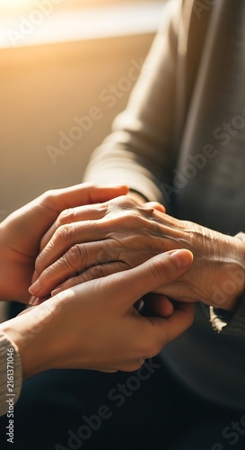 Young hand gently holds an elderly hand with care