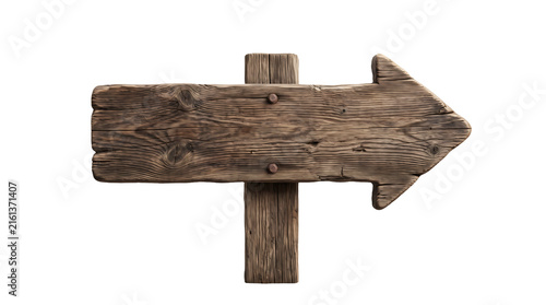Rustic wooden arrow signpost isolated on white background for directional signage.