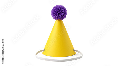Yellow party hat with purple pom pom isolated on white background
