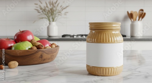 Peanut butter jar with blank label mockup on kitchen counter next to a bowl of fresh red and green apples for healthy breakfast food concept