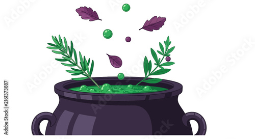 Bubbling green magic potion in cauldron with herbal ingredients
