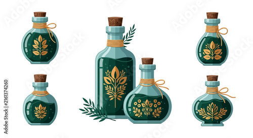 Ornate glass potion bottles with gold floral designs
