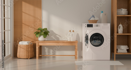 Minimalist laundry room design featuring white washing machine, wicker laundry basket, wooden bench, and houseplant. 3D rendering background with copy space.