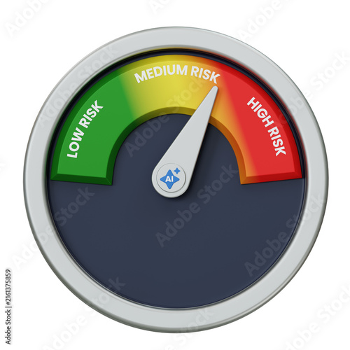 3D rendering of risk assessment gauge dial icon with needle for AI performance
