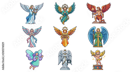 Set of nine angel and winged celestial figure illustrations in diverse artistic styles isolated on white