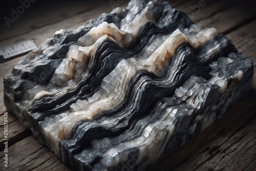 Detailed macro shot of folded gneiss rock surface showing layered mineral foliation and wave patterns