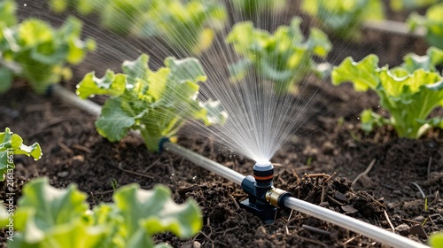 Watering system irrigating green plants on soil with water droplets spraying from sprinkler irrigation equipment.