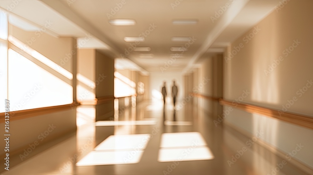 Fototapeta premium Warm, sunlit hallway with two blurred figures walking away