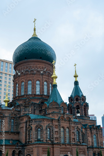Картината върху платно Central green cupola and brick arches detail of Saint Sophia Cathedral in Harbin