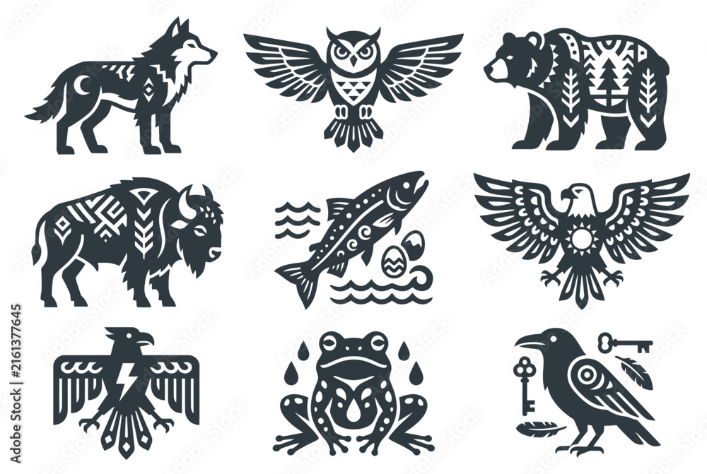 Naklejka premium Set of tribal animal icons featuring wolf owl bear bison and eagle
