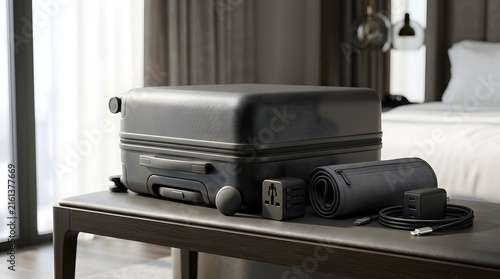Black suitcase and travel accessories including universal adapter and chargers, ready for journey.