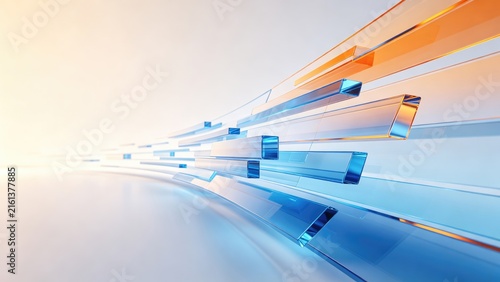 Abstract transparent blue and orange glass bars flowing through bright digital space, idea for data transfer, network technology, communication and innovation banner