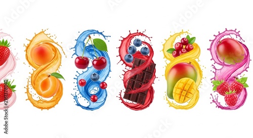 Set of six 3D rendered fruit and chocolate splashing liquid designs for food packaging and commercial advertising