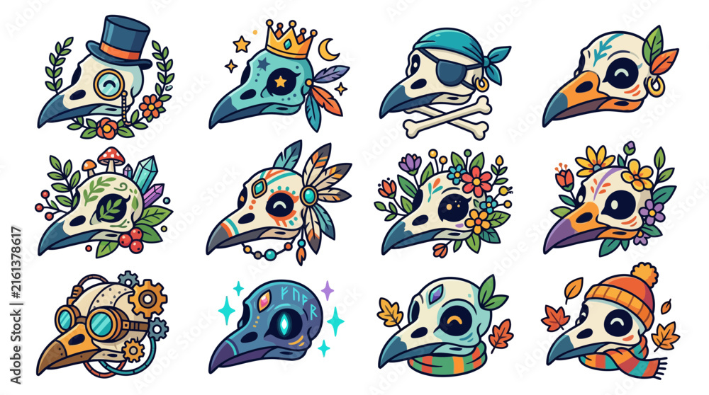Naklejka premium Stylized bird skull and plague doctor mask illustrations.