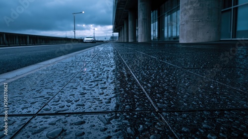 Wet tiled walkway reflects overcast sky near modern building