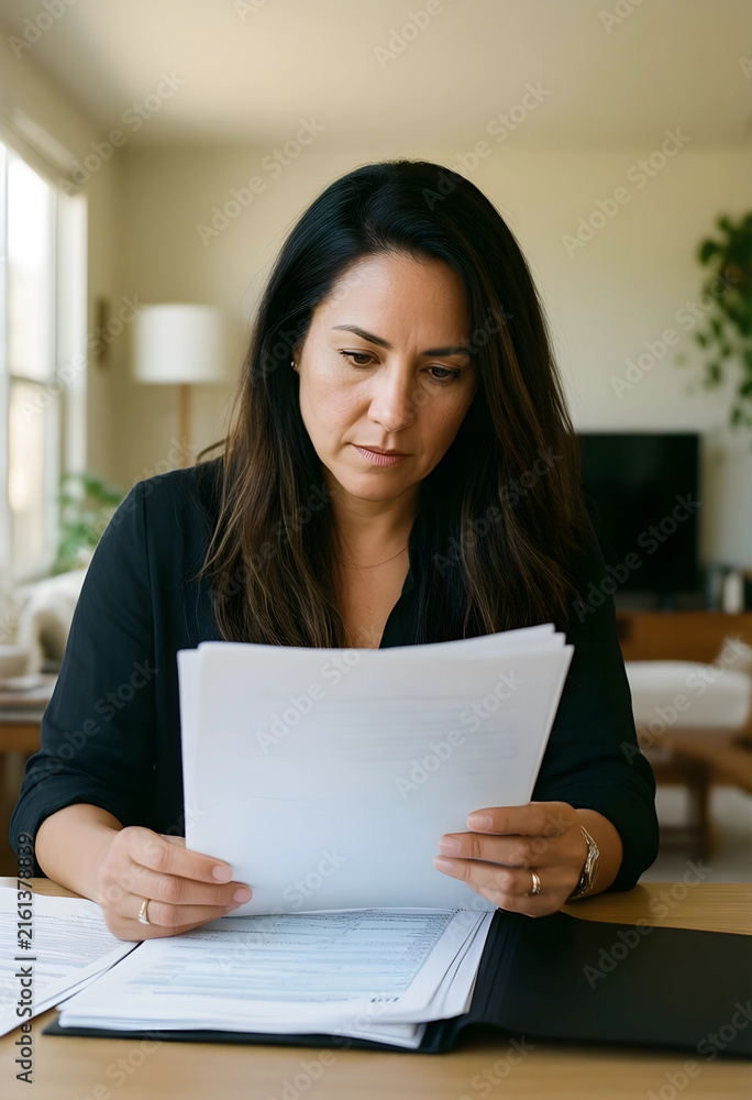 Obraz premium Financial stress and paperwork, woman reviewing documents at home, managing personal finances and budget