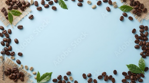 border frame of cattered roasted coffee beans, a few green unroasted coffee beans
