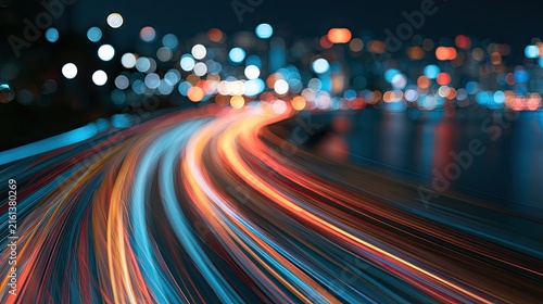 Streaking lights of a city highway at night, blurred motion