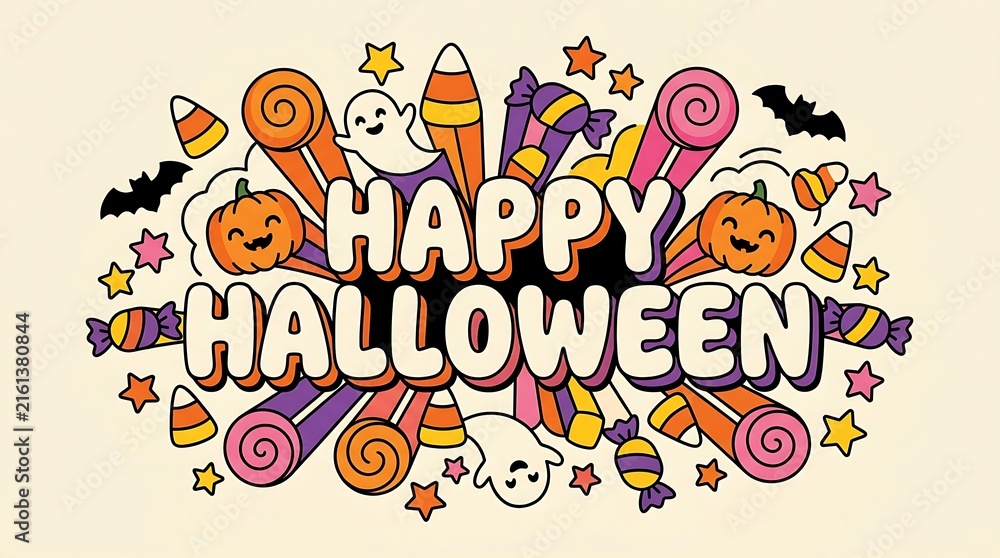 Obraz premium Happy Halloween colorful illustration with pumpkins and ghosts