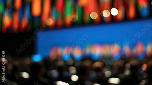 Blurry flags and audience bokeh at a global event