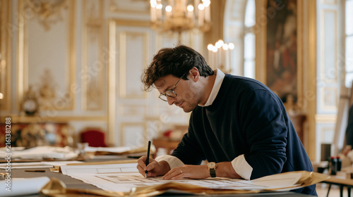 Over the shoulder view of a print on demand designer laying out holiday gift wrap templates on a wide worktable inside a lavish interior with gilded wall panels, ornate furniture
