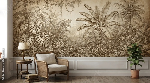 Vintage jungle wallpaper mural in a bright modern living room with wicker armchair and green plants. Elegant interior design concept for tropical decor.