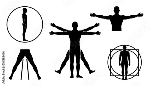 Human anatomy proportions and Vitruvian man geometry vector icons set featuring male body silhouettes, outspread arms posture, profile stance circle, and sacred geometry frame layout.